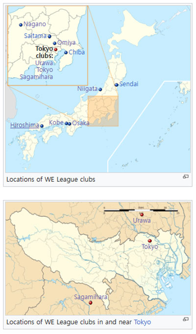 Locations of WE League clubs