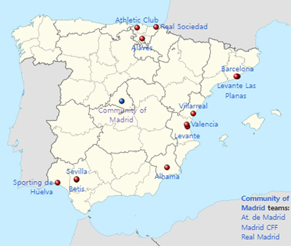 Location of the 2022–23 Liga F teams