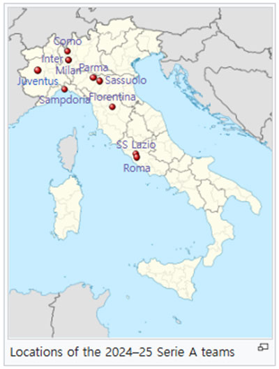 Locations of the 2024–25 Serie A teams