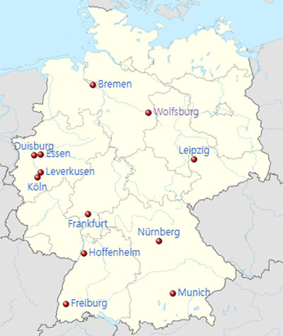 Locations of teams in the 2023–24 Frauen-Bundesliga