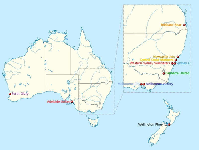 Locations of teams A-League Women