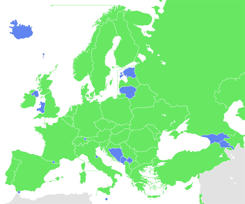 A map of UEFA countries whose teams reached the group stage of the UEFA Europa League