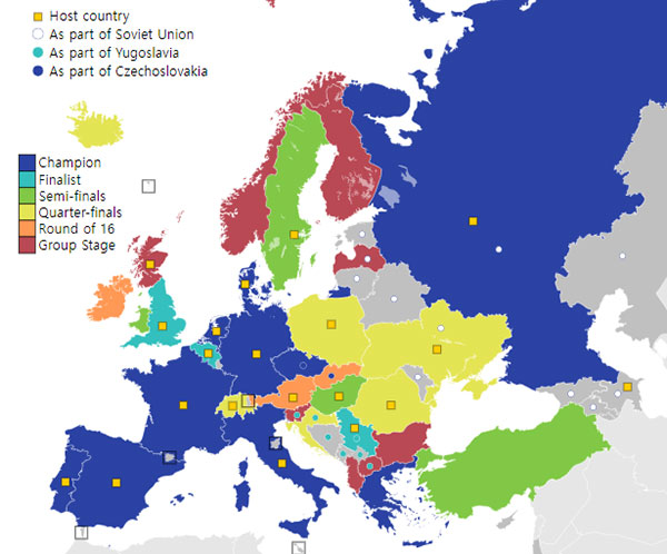 Map of countries' best results. 10 countries have won, counting Germany and West Germany as one