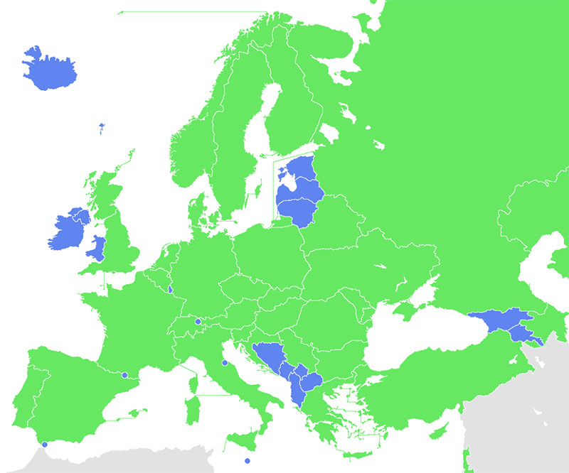 A map of UEFA countries whose teams have reached the group stage of the UEFA Champions League