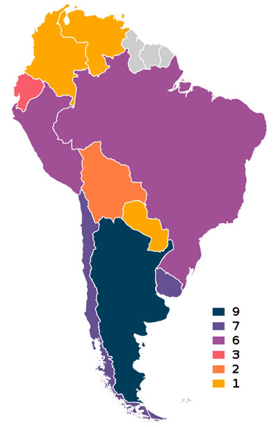 Map of CONMEBOL members, by their times hosted as of 2021
