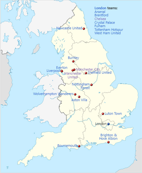 Location of clubs in England for the 2023–24 Premier League season