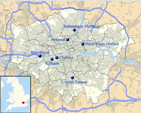 Location of clubs around Greater London for the 2023–24 Premier League season