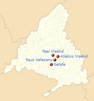 Location of Community of Madrid teams in 2023–24 LALIGA