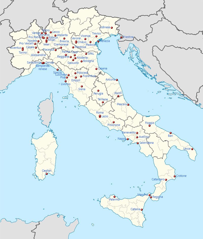 Locations of all 68 current and former Serie A teams