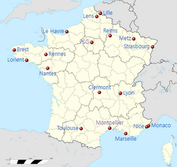 Location of teams in 2022–23 Ligue 1