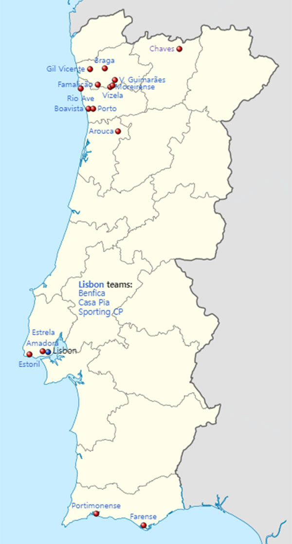 Location of teams in 2023–24 Primeira Liga (Mainland)