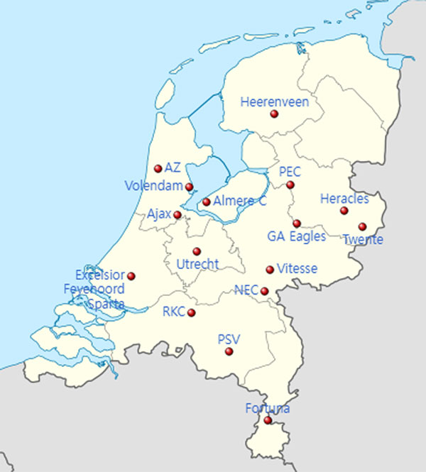 Locations of the 2023–24 Eredivisie teams