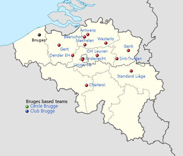 Locations of the 2024–25 Belgian Pro League teams