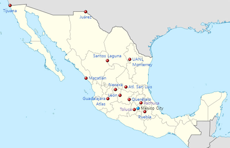 Location of the 2023–24 Liga MX teams
