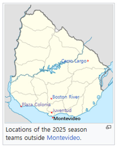 Locations of the 2025 season teams outside Montevideo.