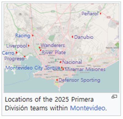 Locations of the 2025 Primera División teams within Montevideo.
