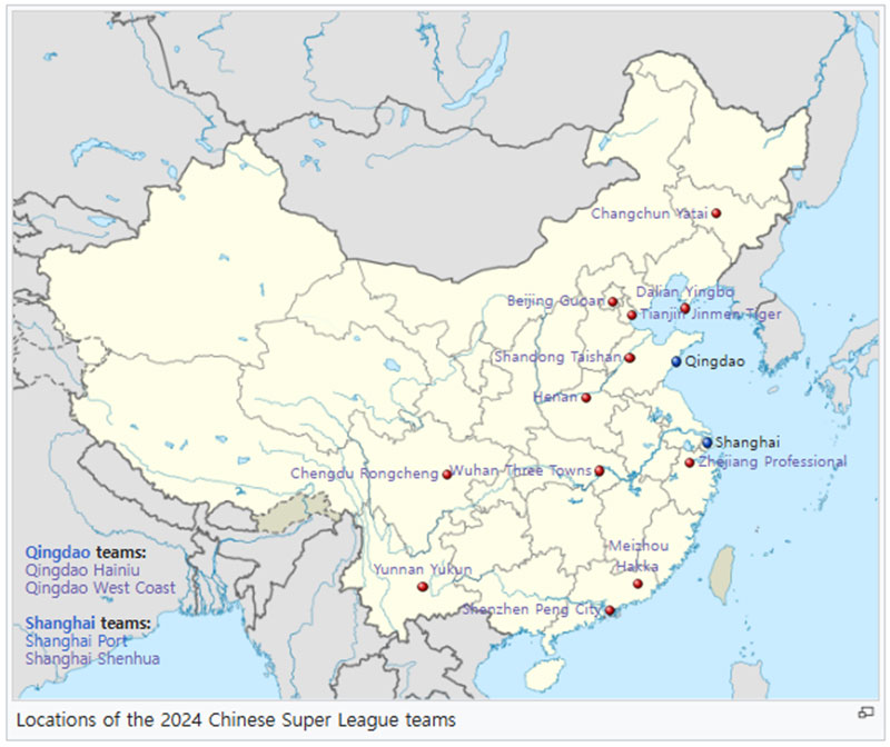 Locations of the 2024 Chinese Super League teams