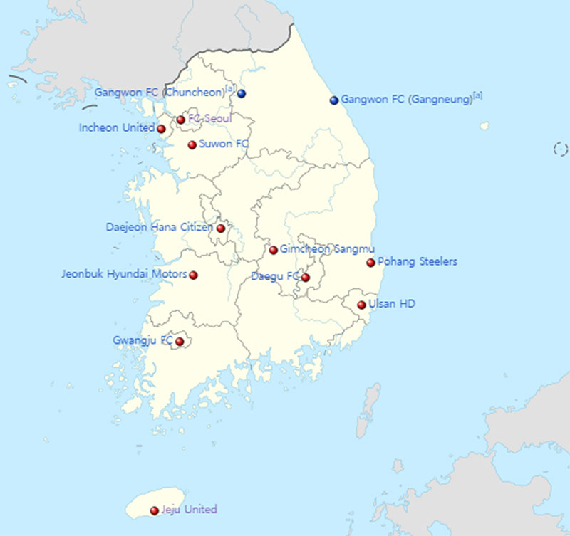 Location of the 2024 K League 1 teams