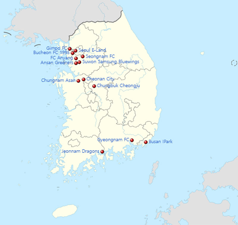 Location of the 2024 K League 2 teams