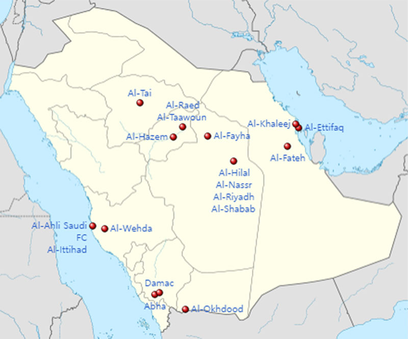 Locations of teams in the 2023–24 Saudi Pro League