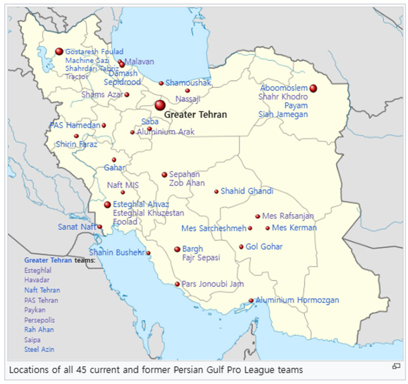 Locations of all 45 current and former Persian Gulf Pro League teams