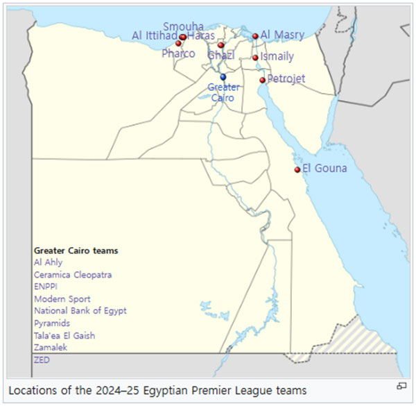 Locations of the 2024–25 Egyptian Premier League teams
