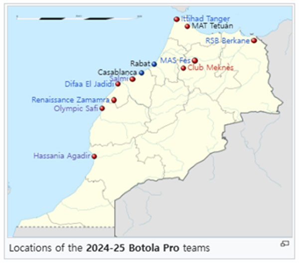 Locations of the 2024-25 Botola Pro teams.