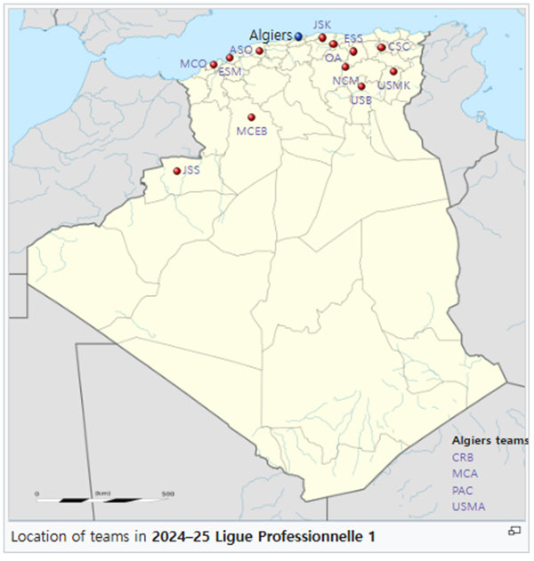 Location of teams in 2024–25 Ligue Professionnelle 1.